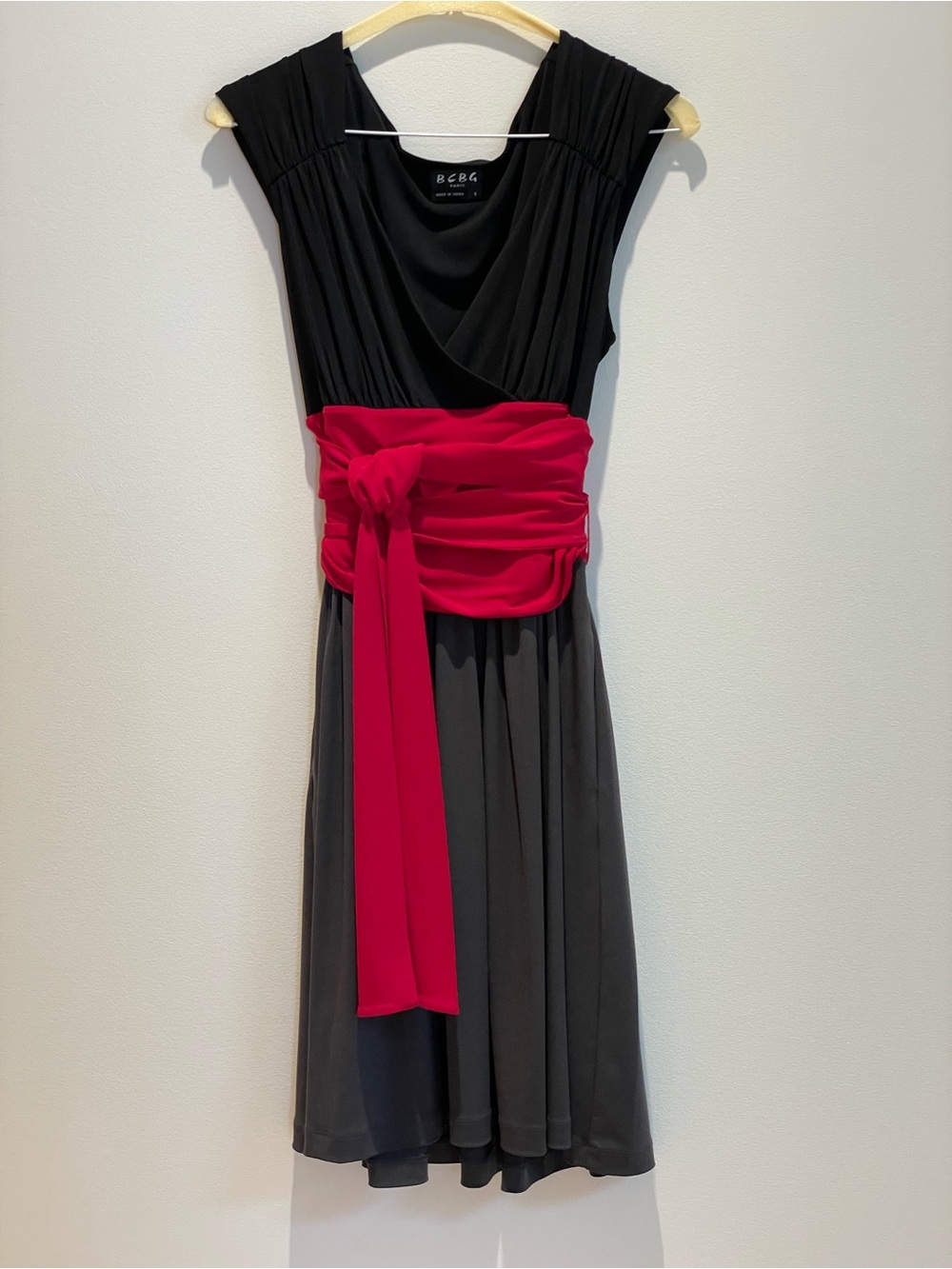 BCBG Black and Charcoal Midi Dress with Red Sash - Picture 1 of 5